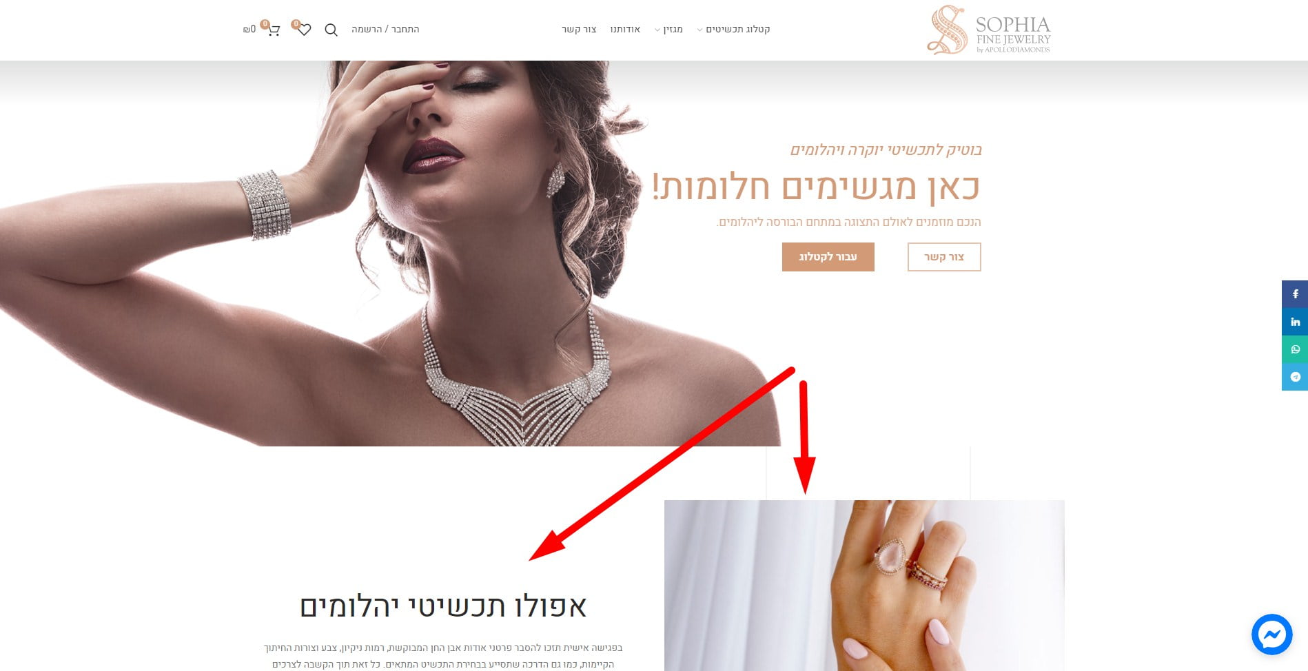 צילום מסך מאתר אפולו תכשיטי יהלומים