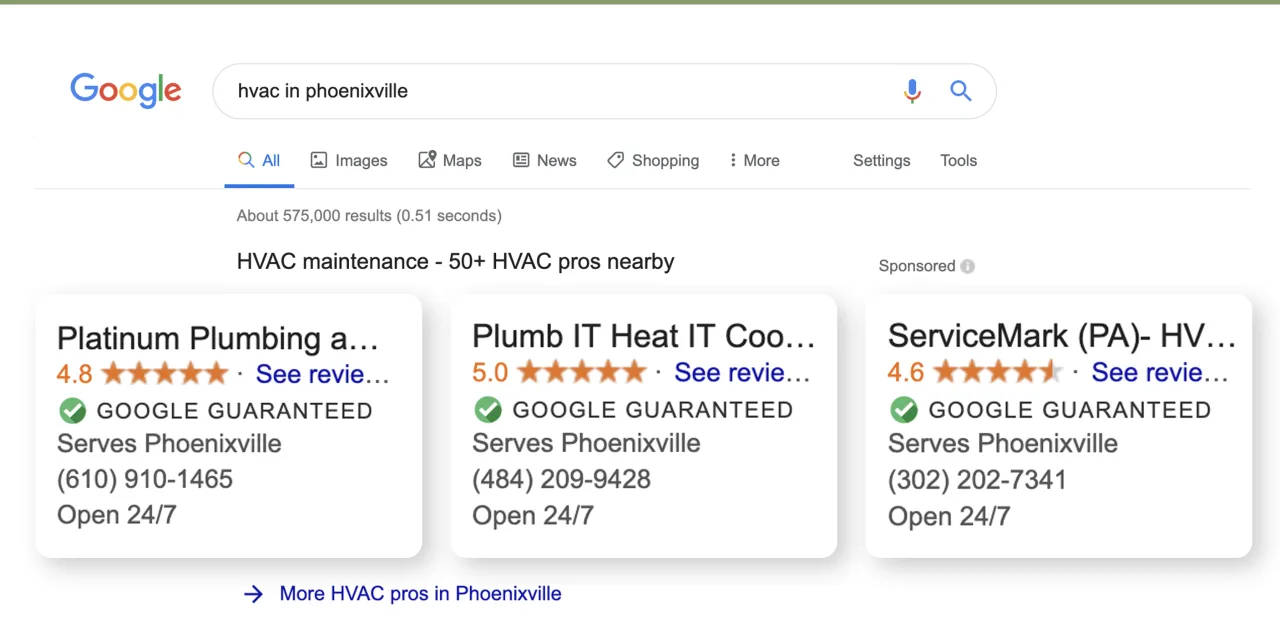 דוגמה לתוצאות חיפוש של עסקים מאומתים עם גוגל גרנטי גוגל גרנטי | עסקים מאומתים עם Google Guarantee