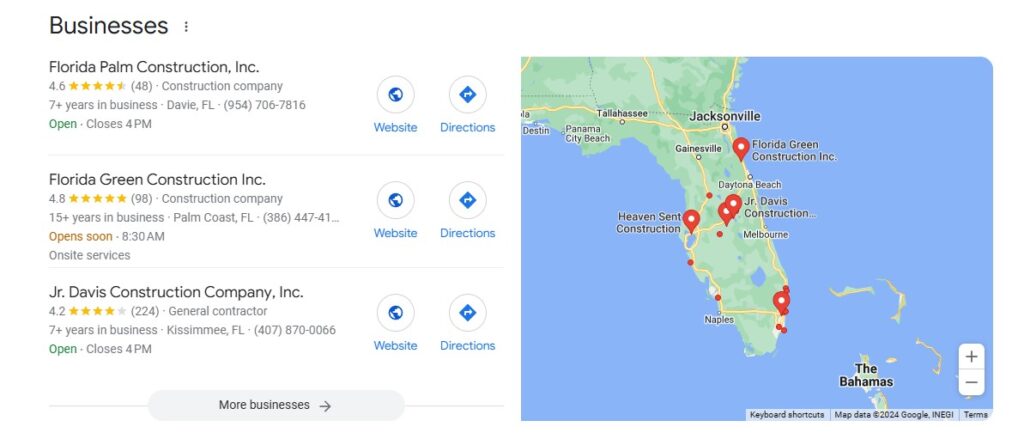 construction company florida search on Google maps